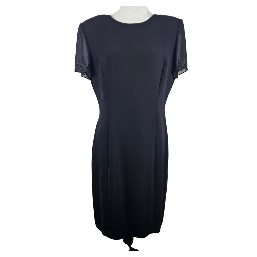 Donna Morgan Womens Size 12 Black Sheath Dress Evening Formal Beaded Sheer Sleev